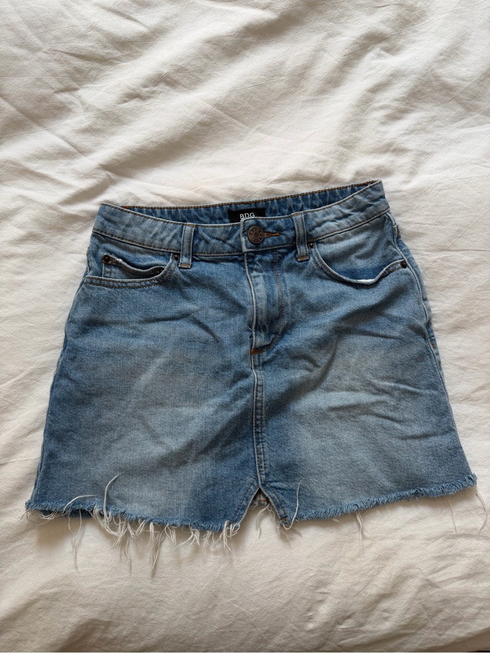 BDG Medium Blue Denim Frayed-Hem Mini Skirt